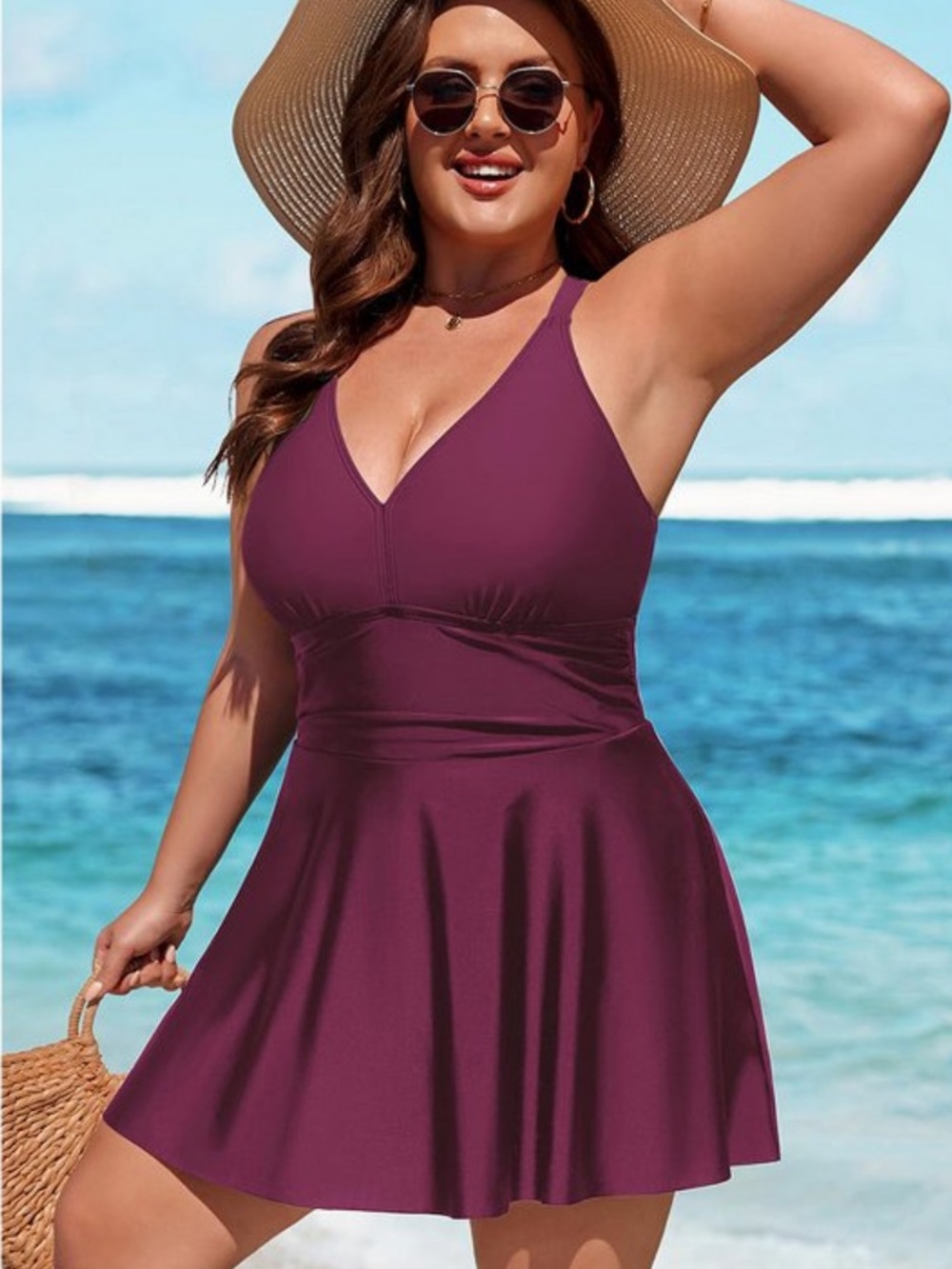 Charmo One Piece Tummy Control Bathing Suit dress Push Up V Neck Burgundy